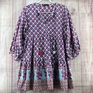 Zara Floral Print Slot Collar Cotton Oversized Dress With Beaded Tassels Size XS